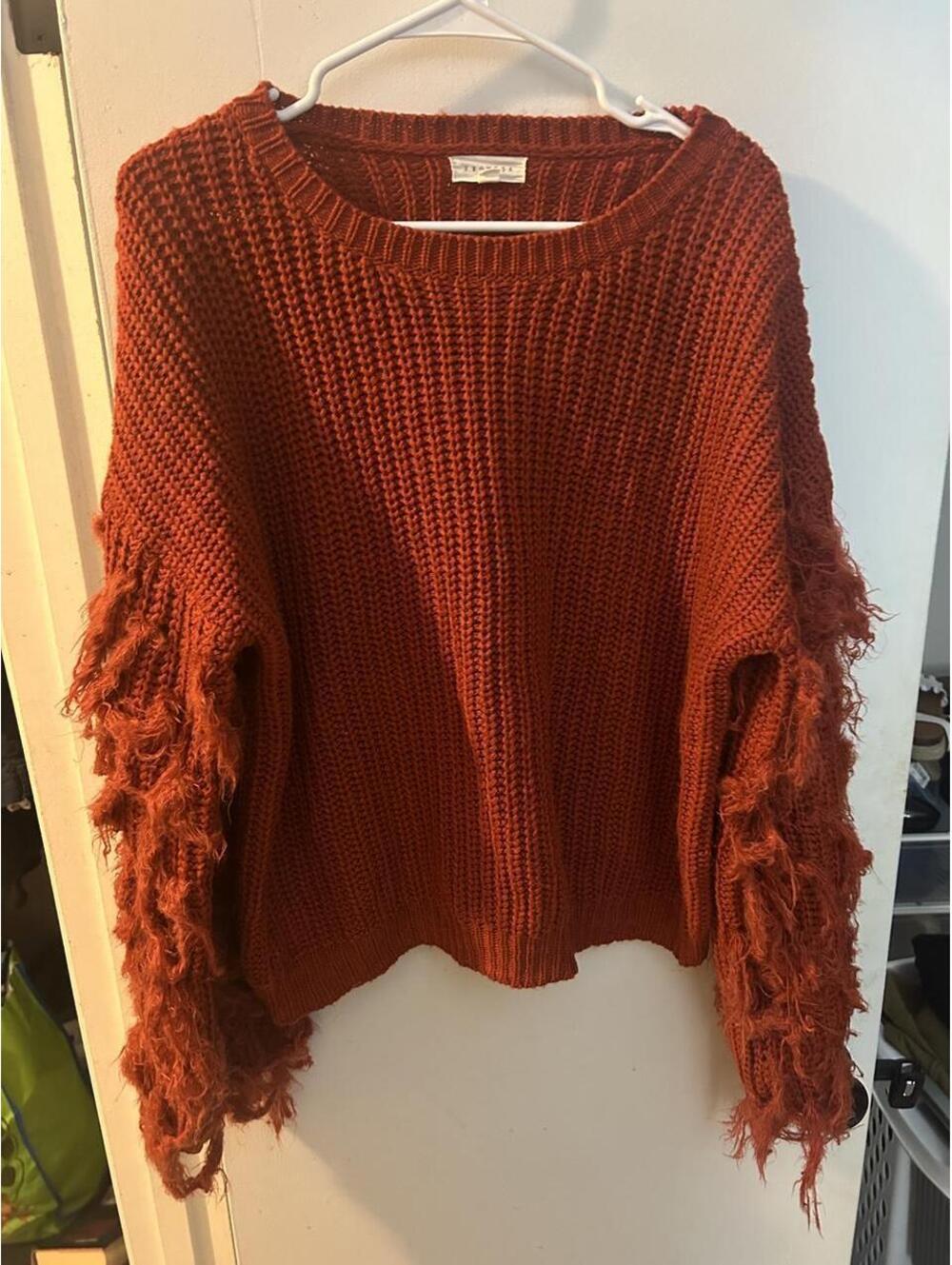 Promesa burnt orange sweater with fringe sleeves, size M/L